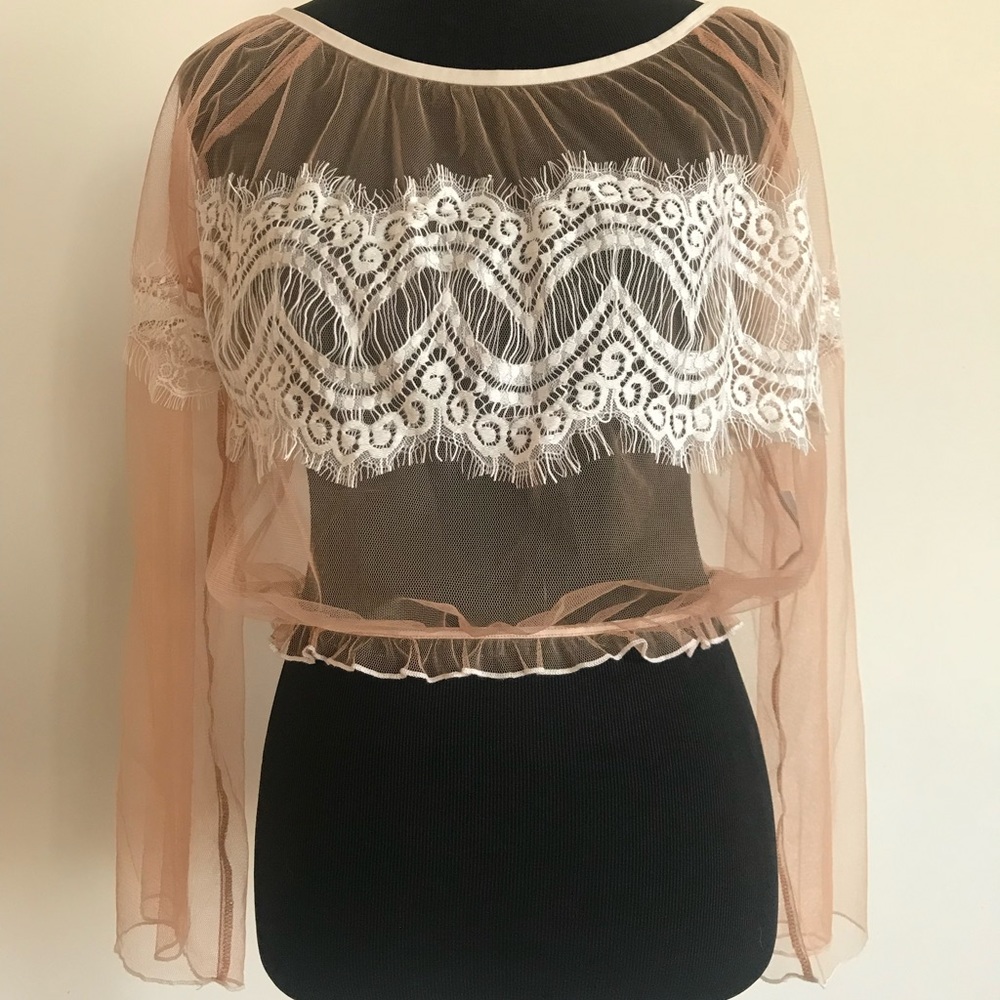 Nude mesh and white lace top with bell sleeves
